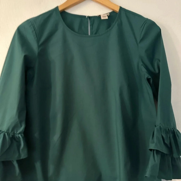 J Crew Blouse Womens 6 3/4 Bell Sleeve Crew Neck Casual Green Stretch Cotton - Picture 5 of 13